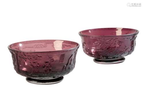 PAIR OF PEKING CARVED AMETHYST GLASS BOWLS