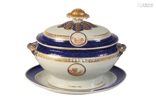 EXPORT BLUE AND WHITE TUREEN, COVER AND STAND