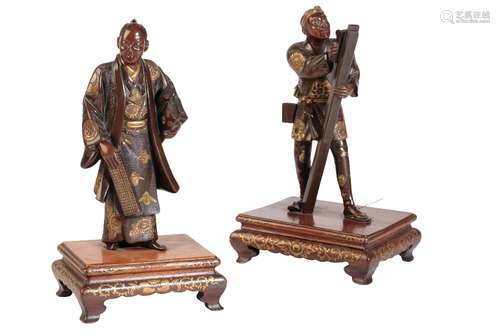 PAIR OF JAPANESE BRONZE MIXED METAL FIGURES