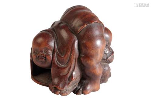 JAPANESE CARVED WOOD NETSUKE, SIGNED MASATOSHI