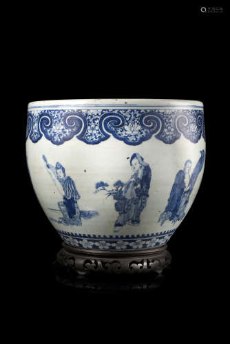 A blue and white jardiniere decorated with the Eight Immortals, wood baseChina, late XIX/early XX