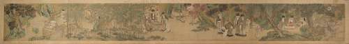A horizontal scroll decorated with the Seven Sages in the bamboo grove, ink and colours on silk,