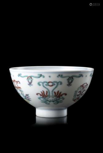 A doucai porcelain cup with a geometric decoration, with an apocryphal Qianlong mark to the