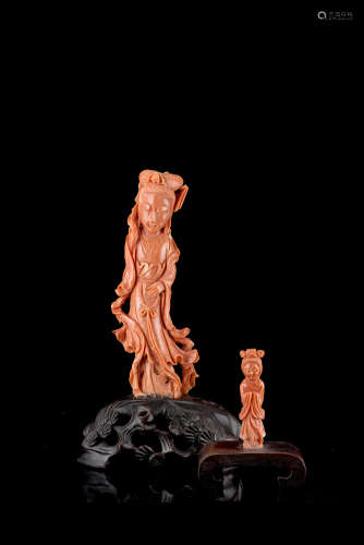 Two coral carving of ladies wearing long robes and with knotted hair, with wood basesChina, early