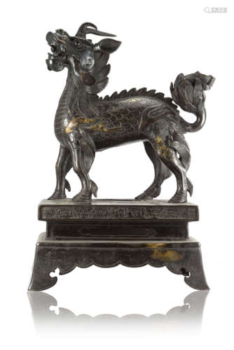 A bronze model of a standing qiling on a rectangular base (slight defects)China, Ming dynasty (