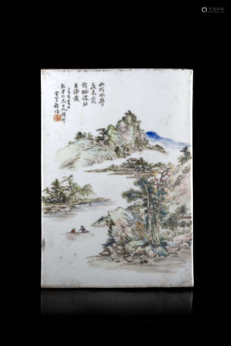 A rectangular porcelain plaque painted with a landscape scene, with calligraphy and seal reading 