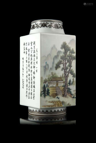 A cong vase decorated in polychrome enamels with a landscape scene and a poem composed by Mao
