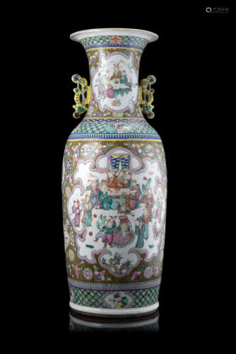 A twin-handled Famille Rose vase decorated with figures (restorations)China, 19th century(h. 62