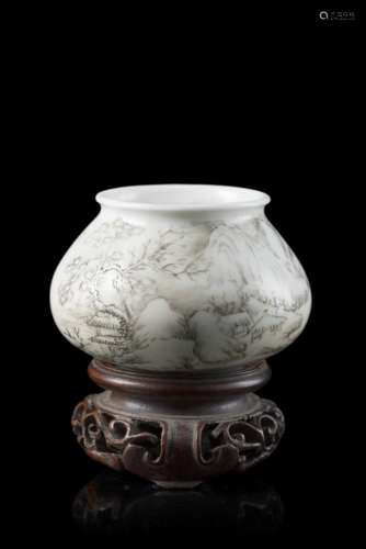 An en-grisaille waterpot decorated with a river landscape scene, Yang He Tang Zhi mark to the