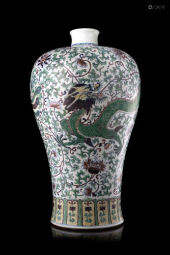 A doucai meiping vase decorated with confronting dragon and phoenix amongst scrolling foliage,