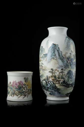 An ovoid-body vase decorated with a landscape scene, seals and calligraphy together with a