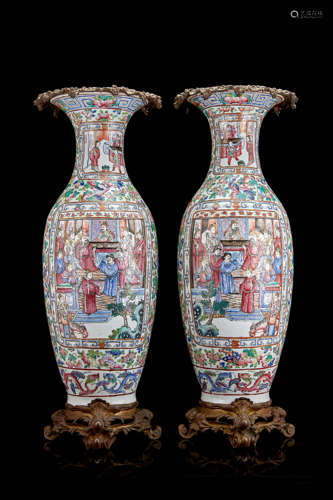 A pair of Cantonese Famille Rose vase decorated with figures in pavilions, surrounded by rich floral