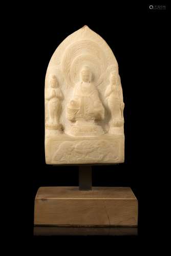 A white stone sculpture of a Buddha accompanied by two attendants, wood baseChina, 19th century(h.