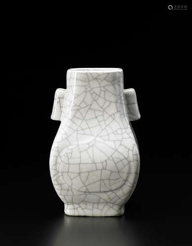 A crackleware porcelain vase, of archaistic shape, hu, of lobed rectangular section with twin