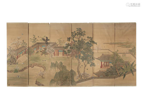 A six-fold panel decorated with pavilions in gardens, ink and colours and silk, mounted on