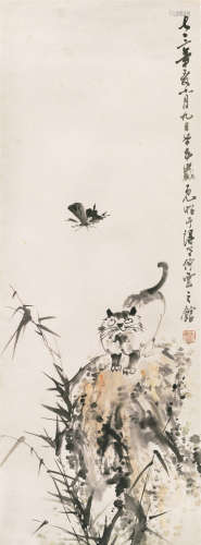 刘既明 1973年作 猫蝶图 镜心 设色纸本