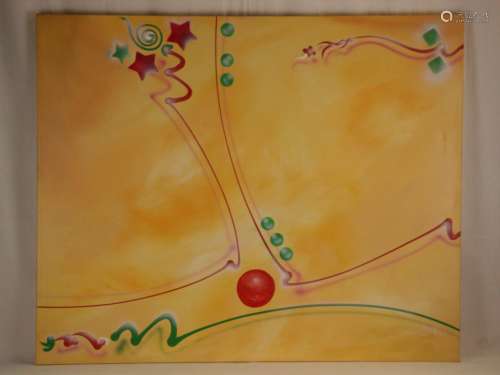 Micmac (Bea Schröder, zeitgenössische Künstlerin in Düsseldorf) - Abstraktion auf rotem<br />Hintergrund, Mischtechnik auf Leinwand, unten links signiert, ca.50x50cm, ungerahmt