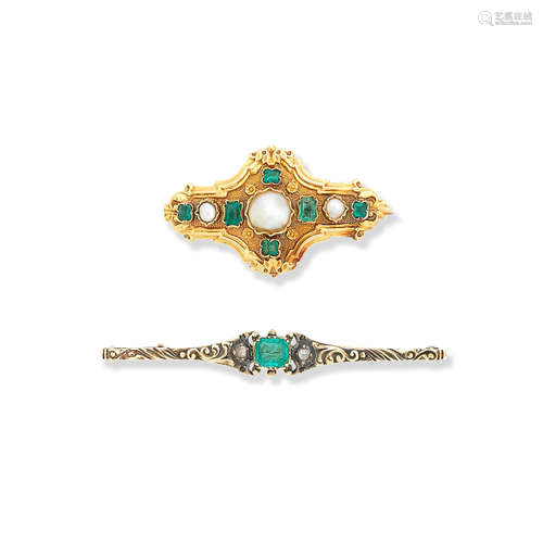 An emerald and seed-pearl brooch and an emerald and diamond bar brooch