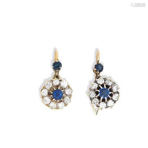 A pair of sapphire and diamond pendent earrings