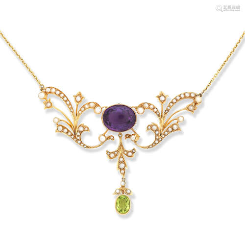 An amethyst, peridot and seed-pearl necklace, Edwardian