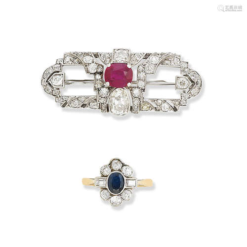 A synthetic ruby and diamond brooch and a sapphire and diamond cluster ring