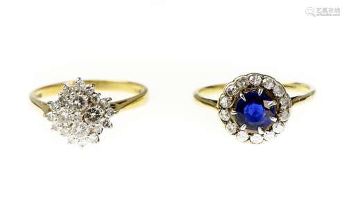 A sapphire and diamond cluster ring and a diamond cluster ring