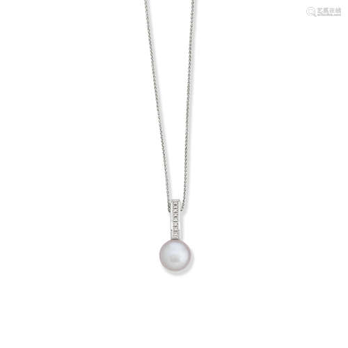 A cultured pearl and diamond pendant and chain