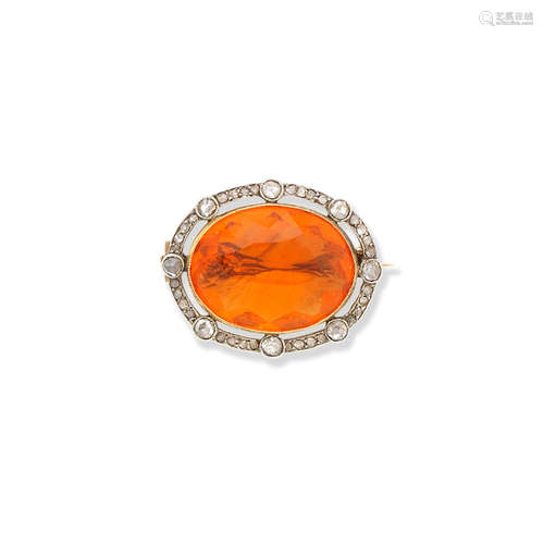 A fire opal and diamond brooch