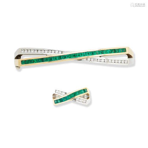 An emerald and diamond bangle and ring