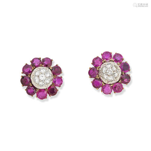 A pair of ruby and diamond cluster earrings