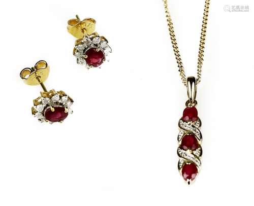 A pair of ruby and diamond stud earrings and a pendant