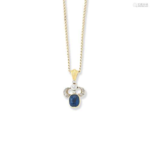 A sapphire and diamond pendant and chain, retailed by Hamilton & Inches