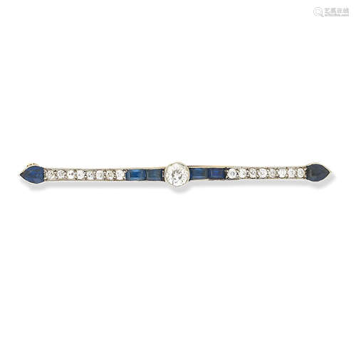 A sapphire and diamond bar brooch and an enamel and diamond crescent brooch, Late Victorian