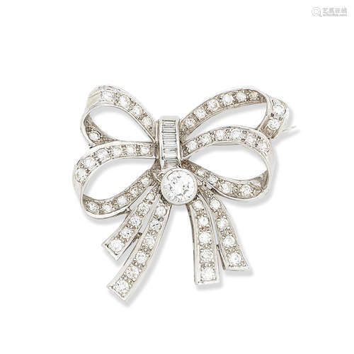 A diamond bow brooch, mid-20th Century