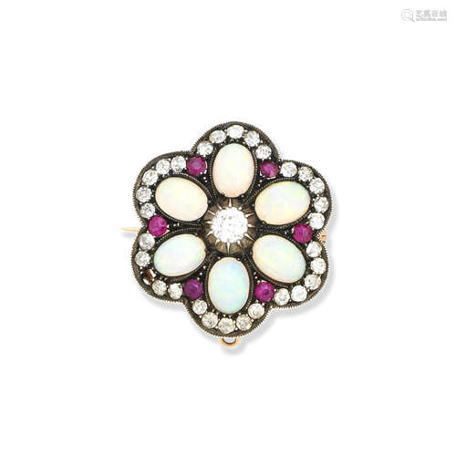 An opal, ruby and diamond brooch, Edwardian