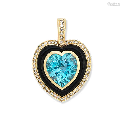 A blue topaz, onyx and diamond heart-shaped pendant