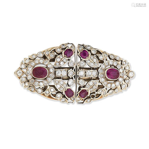 A synthetic ruby and diamond double-clip brooch, early 20th Century