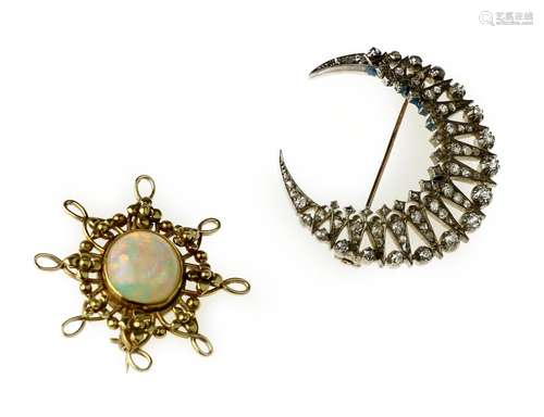 A diamond crescent brooch and an opal brooch