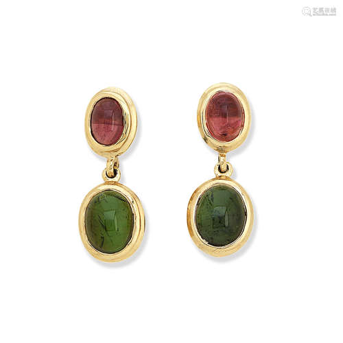 A pair of pink and green tourmaline pendent earrings