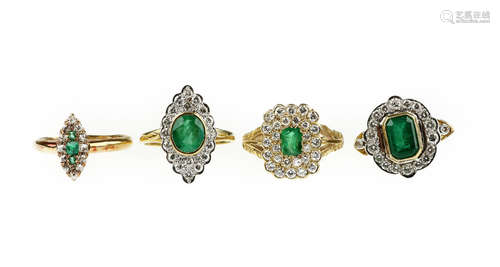 A collection of emerald and diamond plaque rings