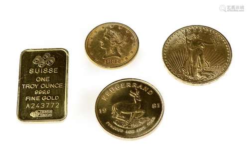 Four items of gold: $20 US, $10 US, Krugerrand & Suisse troy ounce