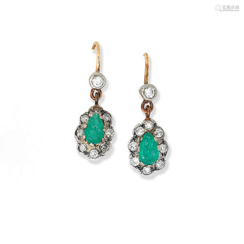 A pair of emerald and diamond pendent earrings