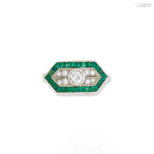 An emerald and diamond plaque ring