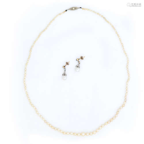 A pair of diamond and pearl pendent earrings and pearl necklace