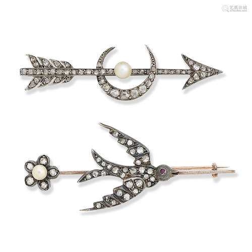 A diamond bird brooch and a diamond arrow brooch, late Victorian