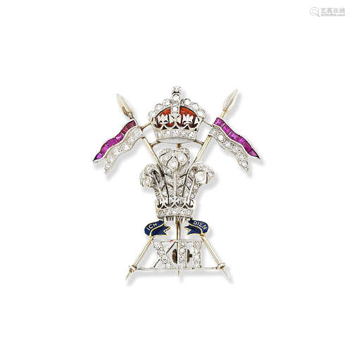 A ruby, diamond and enamel sweetheart brooch, 12th Royal Lancers, mid-20th Century