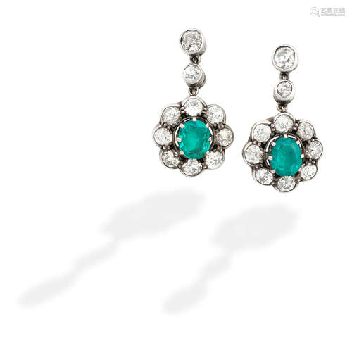 A pair of emerald and diamond earrings