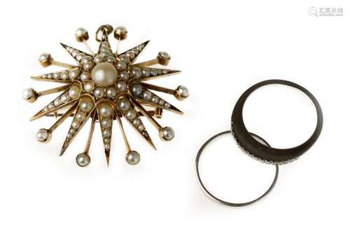 A seed-pearl star brooch/pendant and a diamond half-eternity ring and wedding band