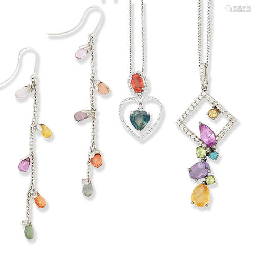 A gem-set pendant and earrings and a pendant necklace