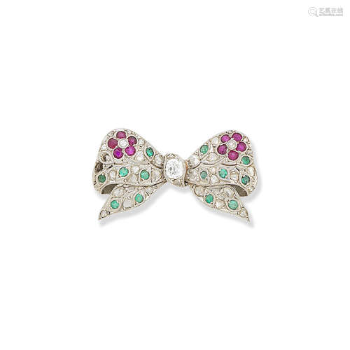 A ruby, emerald and diamond bow brooch